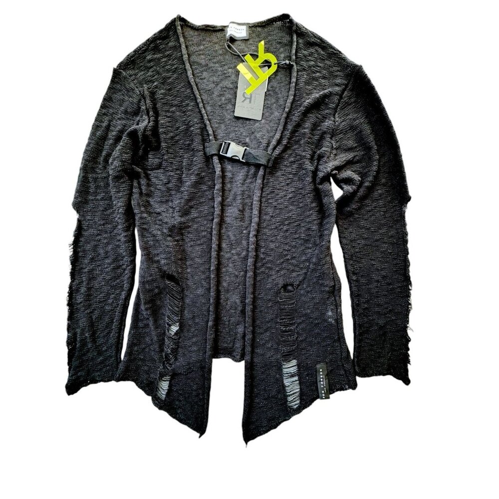 Ron Tomson Mens Distressed Black Cardigan Sweater L 100% Cotton With Buckle Clos
